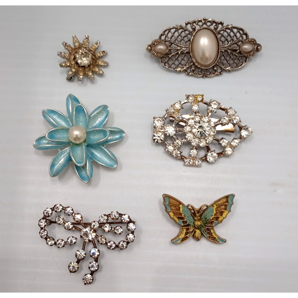 Vintage Brooch Lot Rhinestone Enamel Pearl Floral Butterfly‎ Wedding 6pc flaws